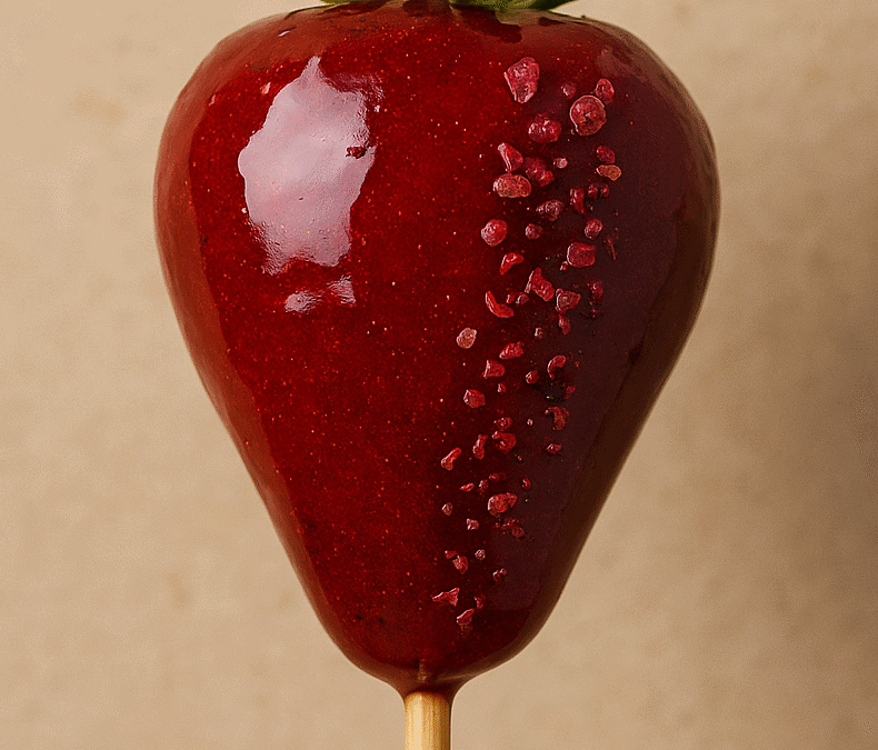 Morango do amor com cobertura caramelizada brilhante, por chef silvio forech